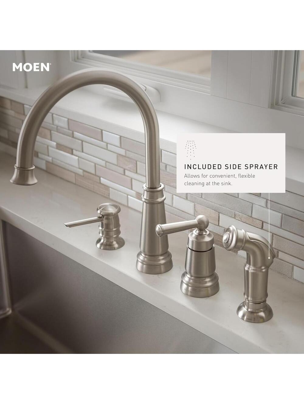 Moen 87042SRS Edison Spot Resist Stainless Faucet w/ Side Sprayer Soap Dispenser